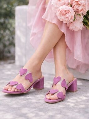 Pink Heart Slide Sandals Suede Block Heel Clear Strap Cute Trendy Size 39